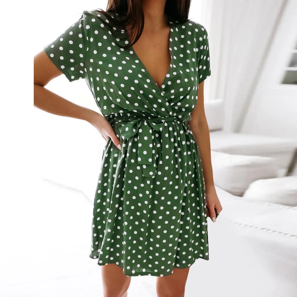 Womens Summer Fashion Dress Short Sleeve V-Neck Ladies Polka Dot Dreeses Split Vestidos For Femela Boho Beach Holiday Dress#s |