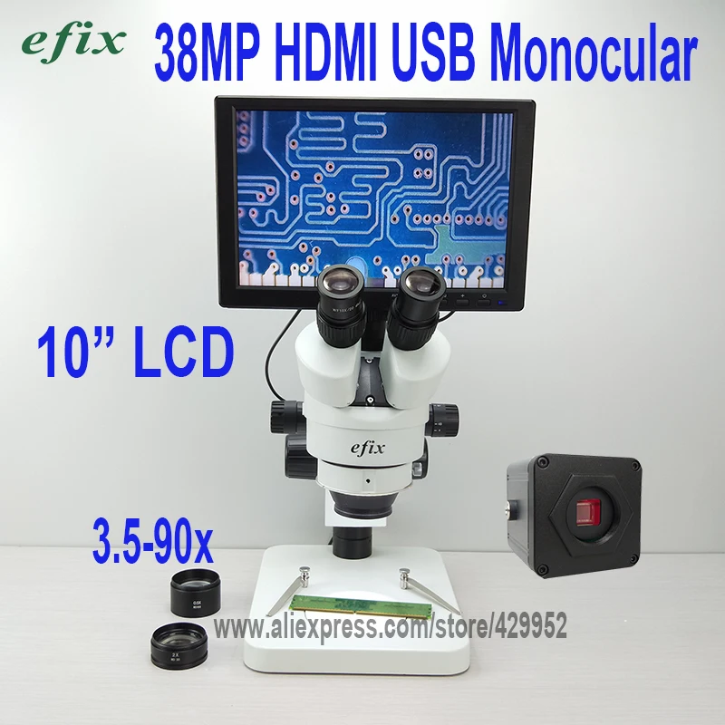 Efix 10 дюймовый ЖК дисплей 38MP 3 5 90X Тринокулярный Стерео паяльный микроскоп HDMI USB