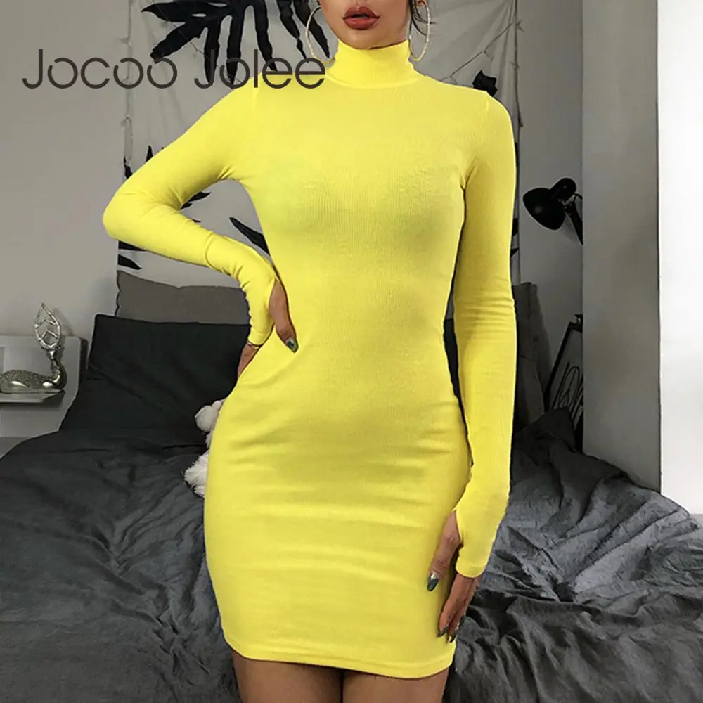 

Winter Solid Dress Women Sexy Night Club Bodycon Turtleneck Warm Solid Color Dress Tight buttocks Mini Dress Size S-XL