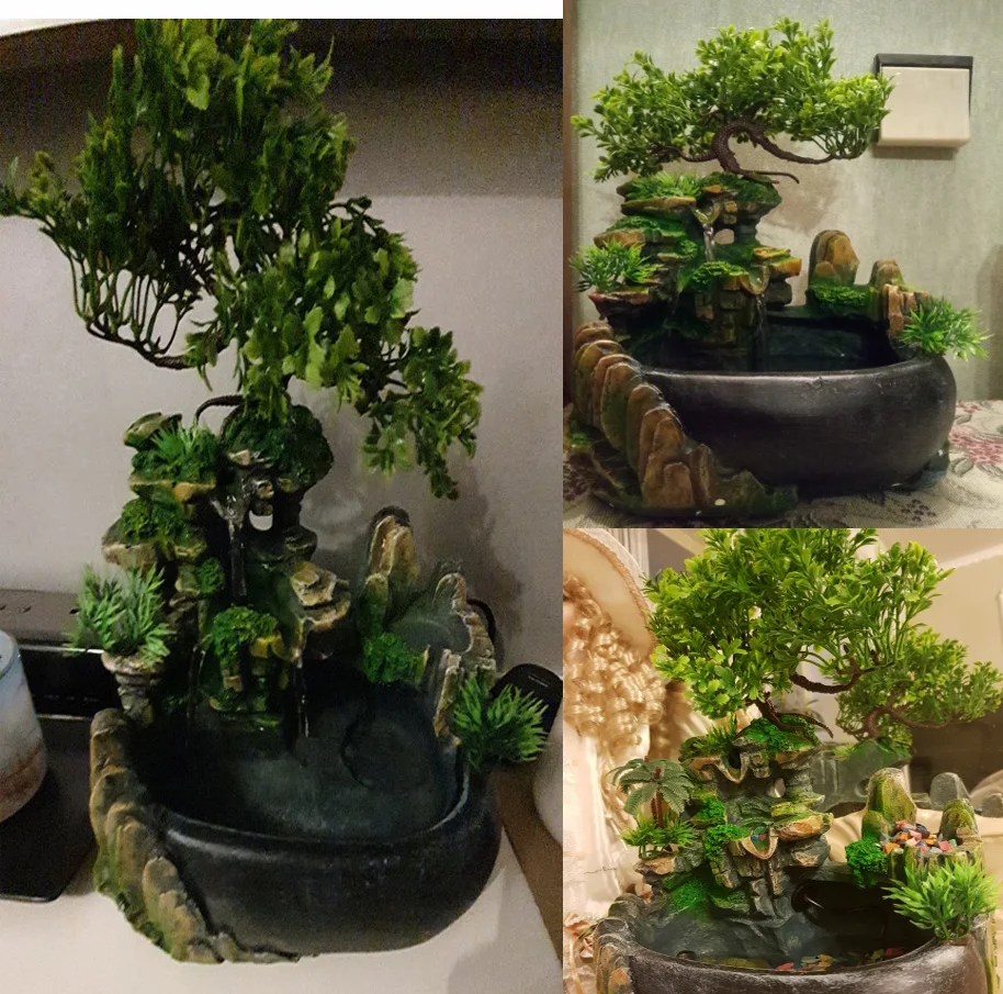 110-240V Creative Home Decoration Resin Rockery Waterscape Feng Shui Water Fountain Air Spray Green Plant Flowerpot Fish Tank | Бытовая