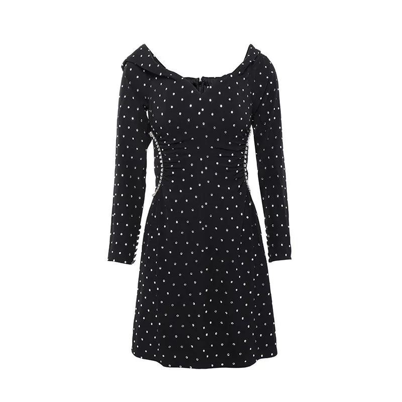 

VGH Black Patchwork Diamonds Dot Dress For Women Square Collar Sleeveless High Waist Tunic Slim Mini Dresses Female Summer Style