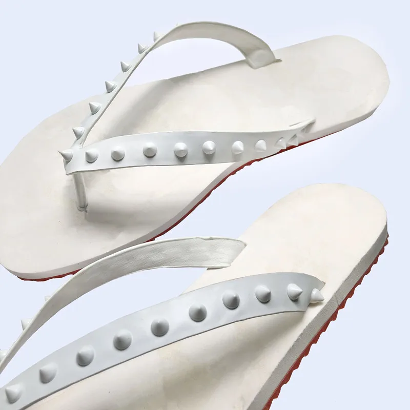 

SHOOEGLE New Slip on Men Rivets Sandals Fashion Summer Leather Shoes Black White flip flop Slides Slippers High Quality Shoes