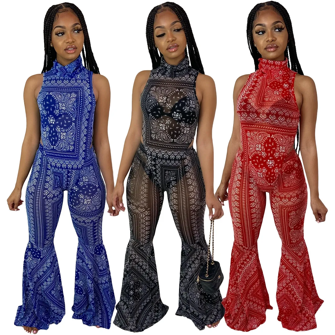 

Bandanna Print Women Two Piece Set Mesh Turtleneck Bodysuit Flare Pants Suit Sexy Party Tracksuit Fitness Outfit Matching Set