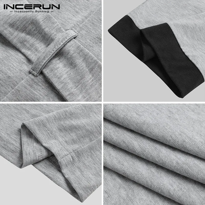 

2021 Casual Patchwork Sleep Robes INCERUN Men Long Sleeve Kimono Bathrobes Loose Nightgown Man Pockets Lace Up Homewear S-5XL 7