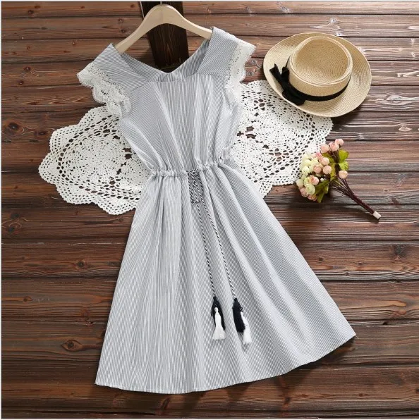Новый школьный стиль Лето женское мини платье Полосатая туника без рукавов vestidos