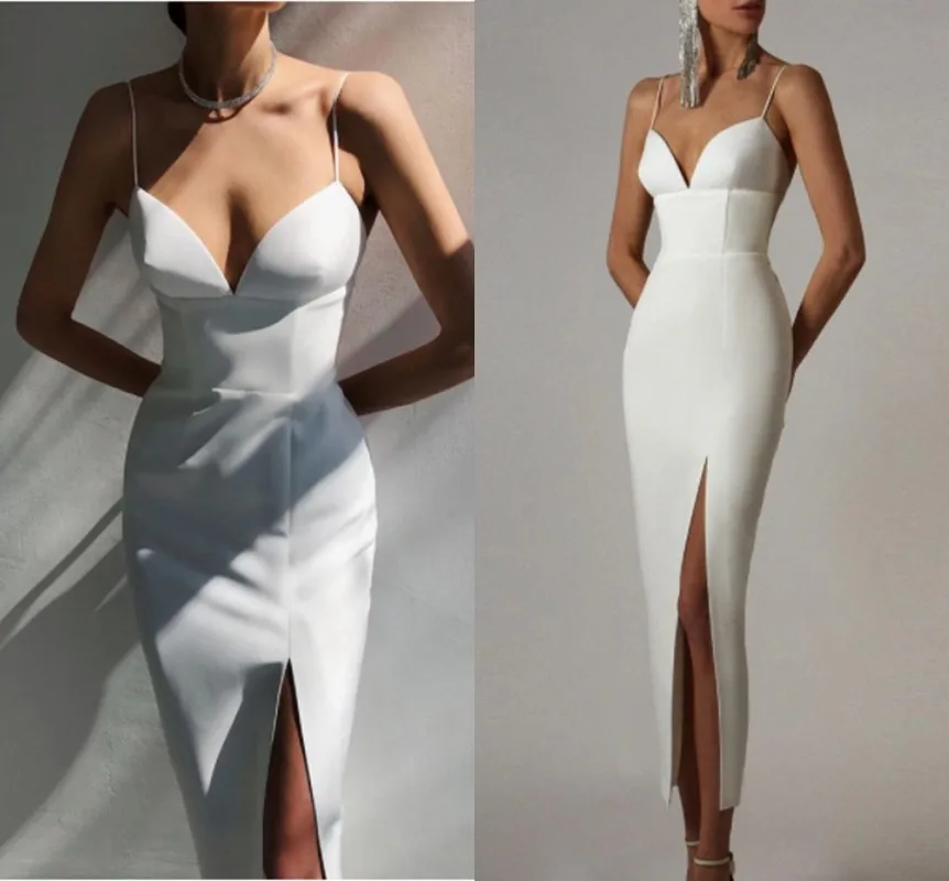 

Customed 2021 White Mermaid Satin Prom Dresses Sexy V Neck Strap Club Celebrity Evening Runway Party Gowns Vestidos De Feast