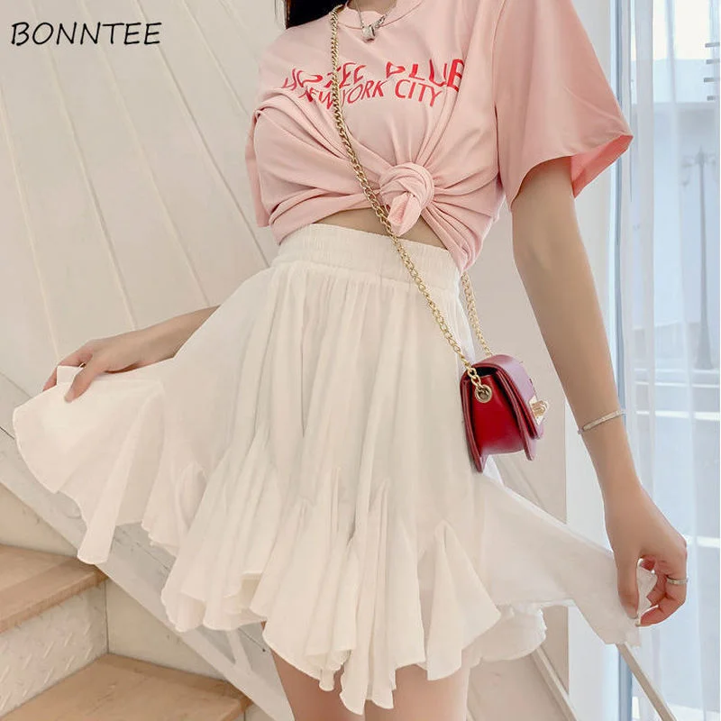 

Skirts Women Mini Daily Asymmetrical Empire Sweet Students Chiffon Summer Korean Style All-match Lovely Chic Pure Color Girls