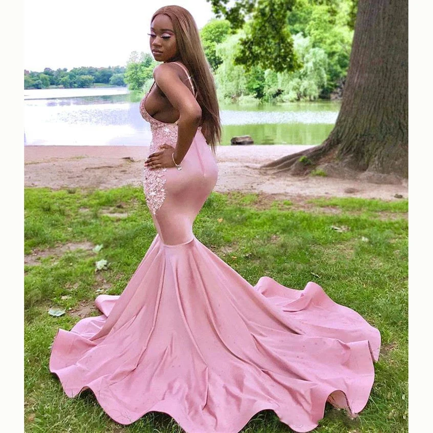 

Women's Long Satin Prom Party Dresses Sweetheart Spaghetti Strap Wedding Bridal Gown Lace Appliques Mermaid Sweep Train Garment