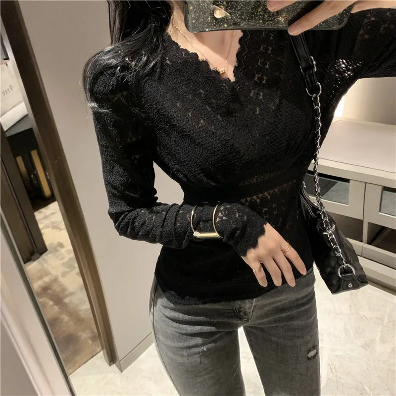 Белый кружевной топ с длинным рукавом Женская Сексуальная Ажурная блузка