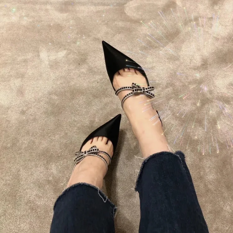 

2021 black pointed Rhinestone fairy sexy sandals low top slim heels for spring and summer