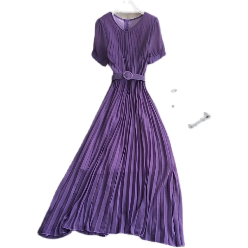 

2021 New Summer Women French O-neck short sleeve Dress high waist lace up waist solid mid-length A-line Pleated Dress