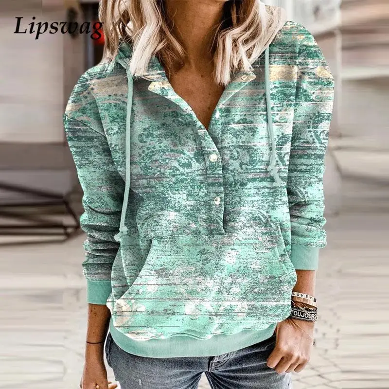 

Женский свитшот в стиле Харадзюку с длинным рукавом, Повседневный пуловер с капюшоном и принтом, модные топы, толстовки на пуговицах с кулис...