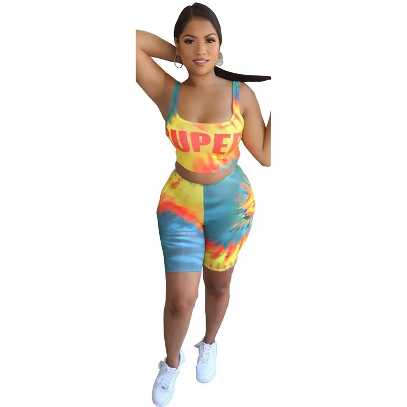 

European and American sexy letter printing two piece fashion casual sling U-neck vest and shorts women's suit