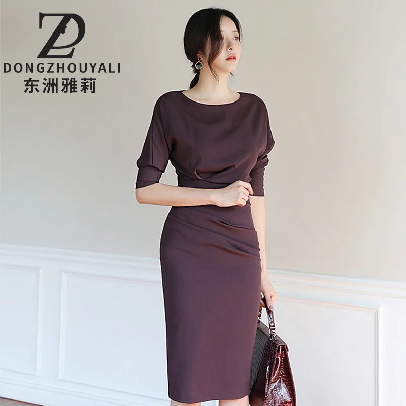 

Dongzhou Yali dress 2021 spring and autumn new 7-point sleeve temperament slim professional ol solid color Hip Wrap mid length