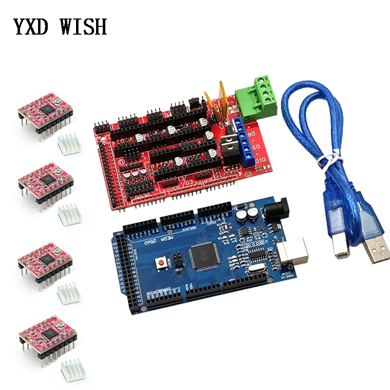 Контроллер Mega 2560 R3 CH340 + контроллер RAMPS 1 4 5 шт. A4988/DRV8825 модуль драйвера шагового