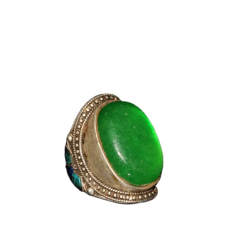 

China Old Tibetan Silver Burning Blue Inlaid Emerald Ring Ornament