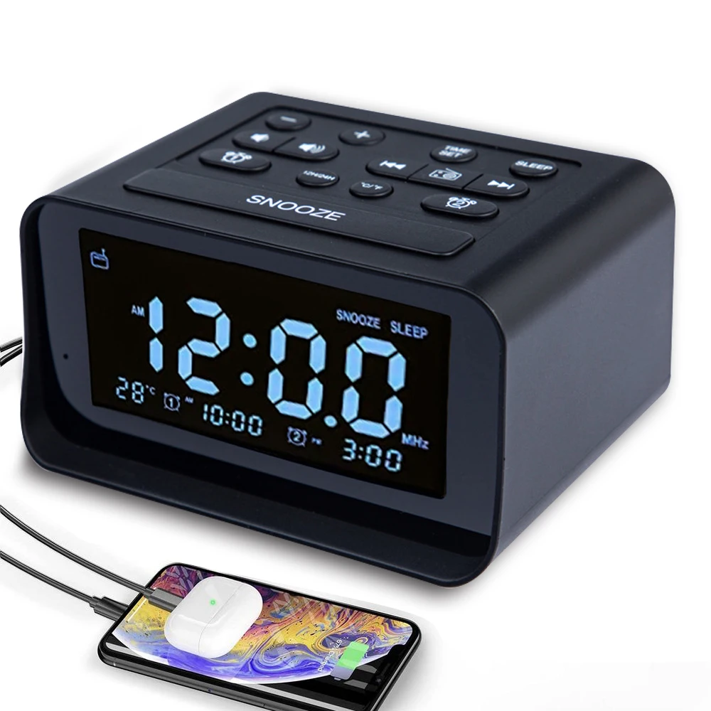 

LED Digital Radio Alarm Clock USB Charging Port Electronic Desktop Clocks with Adjustable Volume Sleep Timer Brightness Dimmer