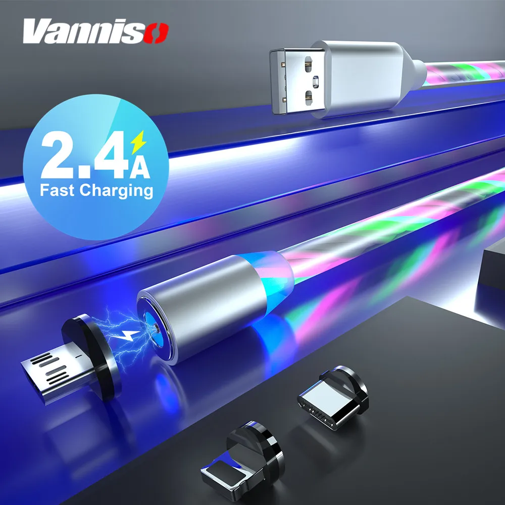 Vanniso 1 м 2 м Магнитный кабель Micro USB для быстрой зарядки для iphone X 7 samsung A50 usb type C светящиеся магнитные кабели для мобильных телефонов