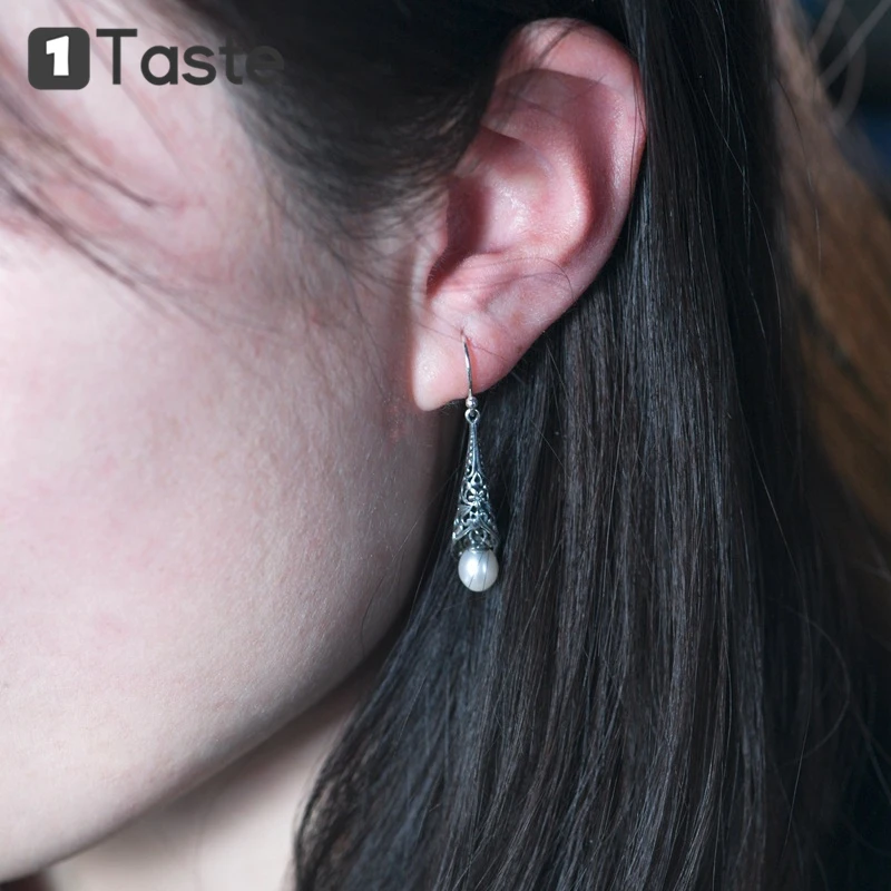 

ONE TASTE S925 Silver Hollow Craft Water Drop Pearl Drop Earrings For Women Thai Silver Vintage Trendy Earring Fine Jewelry Gift