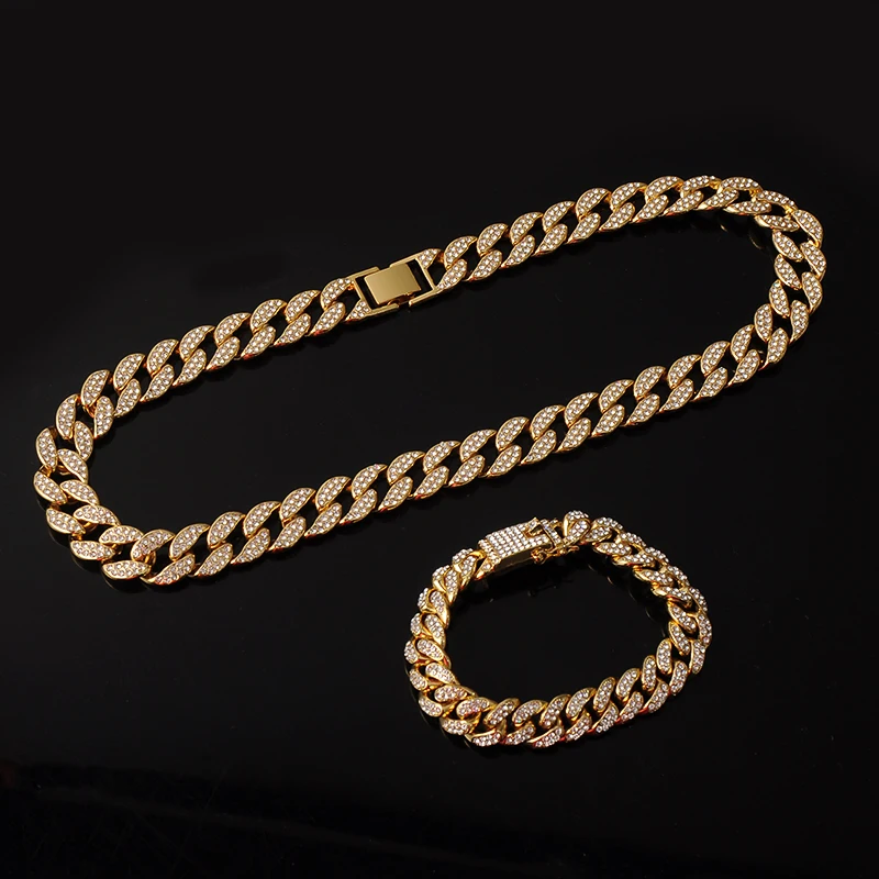 

15MM Necklace +Watch+Bracelet Hip Hop Miami Curb Cuban Chain Iced Out Paved Rhinestones CZ Bling Rapper For Men Jewelry