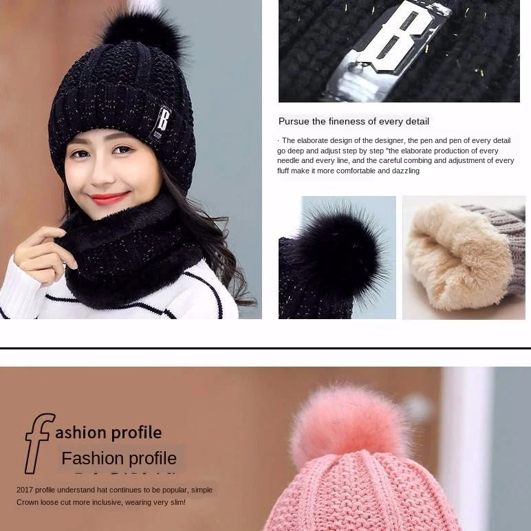 New Warm Women Hat Set Fashion Winter Hats For Woman Fur Lined Neck Warmer Cap Beanie Girls Pompom Knitted skull cap | Аксессуары для