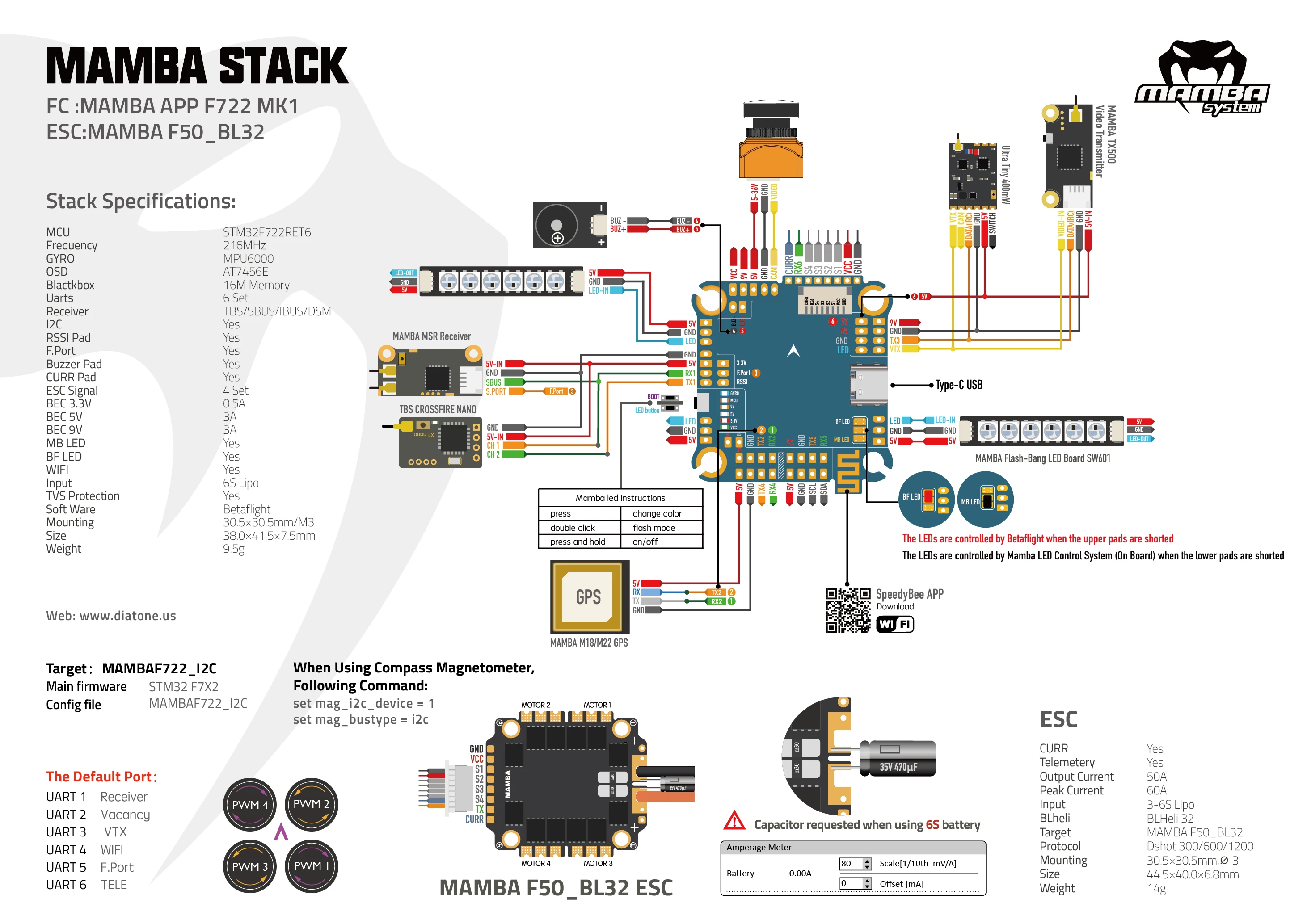 Контроллер полета Diatone MAMBA F722S Betaflight stack OSD 5/9V 2A BEC & 50A 3 6S Blheli_32 Dshot1200 Brushless ESC f722