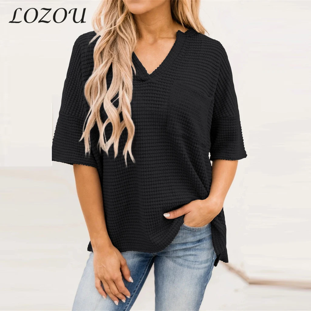 

Fashion Summer Women's New Clothing Loose Printed V-Neck T-Shirt Pocket Tops 2021 Short-Sleeve Split Knit Solid Color Multicolor