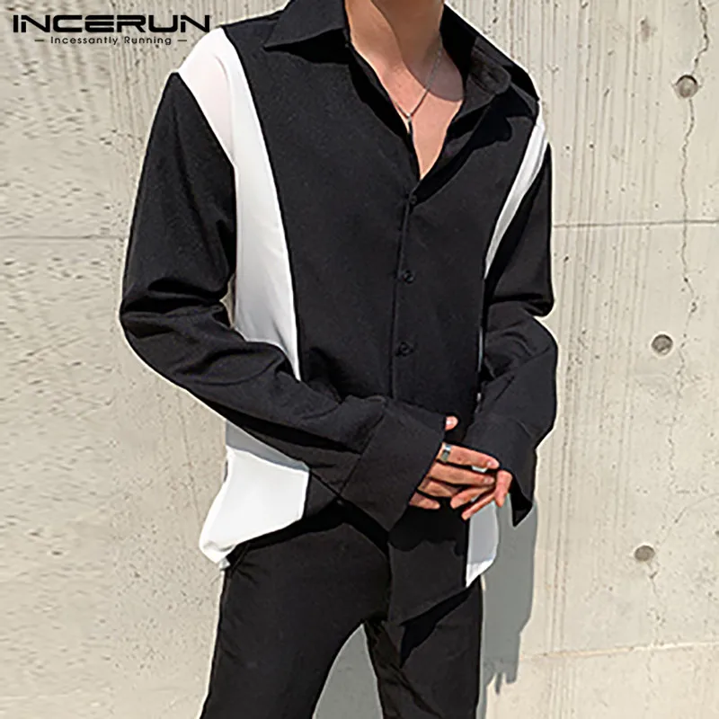 

Man Elegant Lapel Neck Blusas INCERUN Men Shirts Leisure Long Sleeve Patchwork Camisa 2021 Fashion Buttons Chemise Masculina 5XL