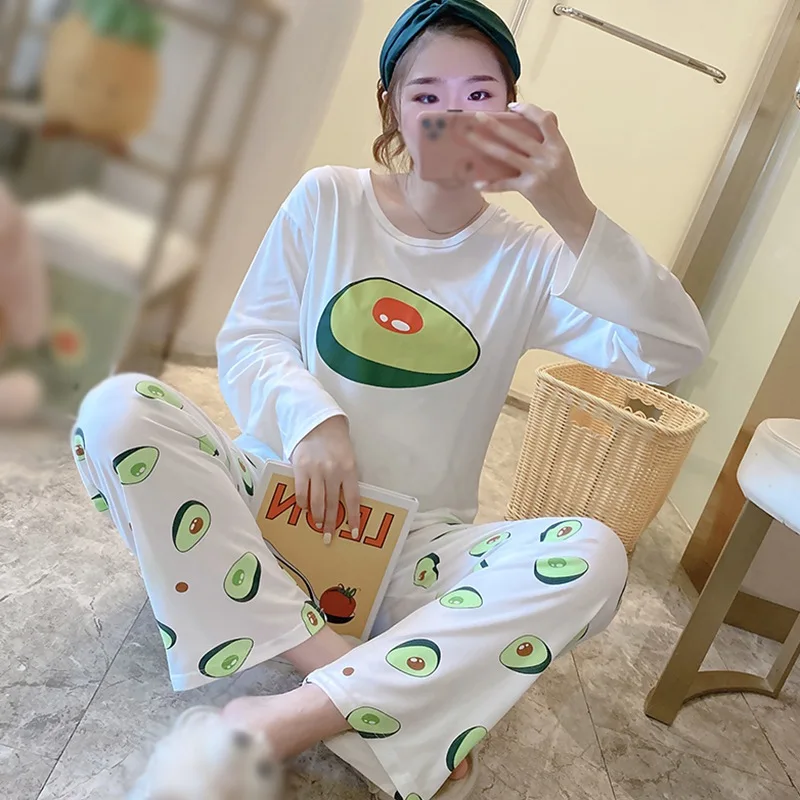 

Spring Autumn Simple Style Soft Ladies Pajamas 2 Piece Set Korean Style Cute Cartoon Loose Long Sleeve Homewear Pajamas Set