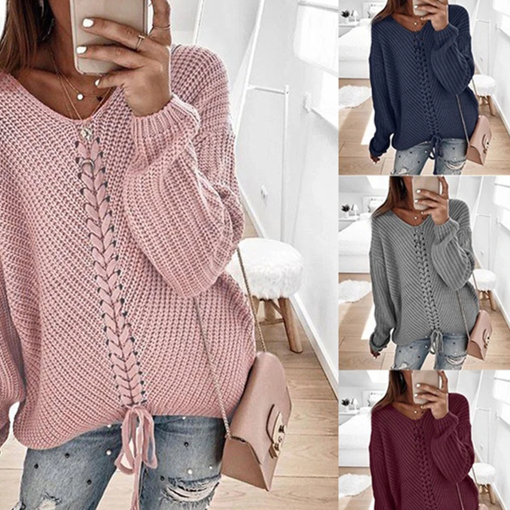 Warm Dating Drawstring Casual Long Sleeve Loose Soft Daily Women Sweater V Neck Solid Fall Travel Shopping | Женская одежда