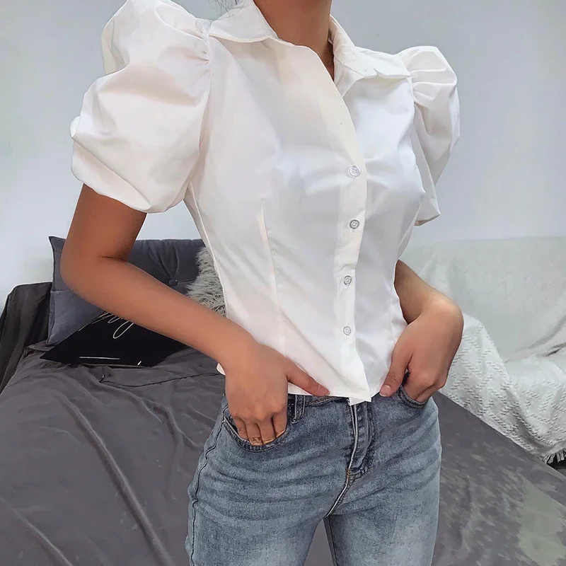 Рубашка женская с пышными короткими рукавами Приталенный топ на пуговицах