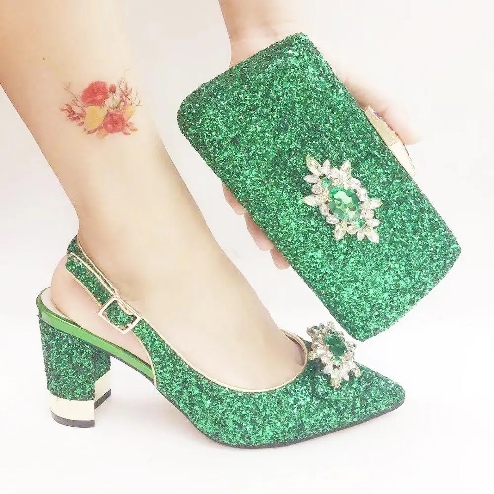 

New Arrival Shoes and Bag Set African Sets Green Nigerian Women Shoes and Matching Bags Set for Wedding Party Birthday Heel