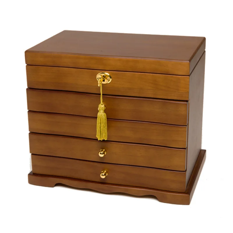 2021 New 5-Layer Solid Wood Jewelry Box With Lock Antique Retro Princess European Style Earrings/Ring/Necklace Storage Box