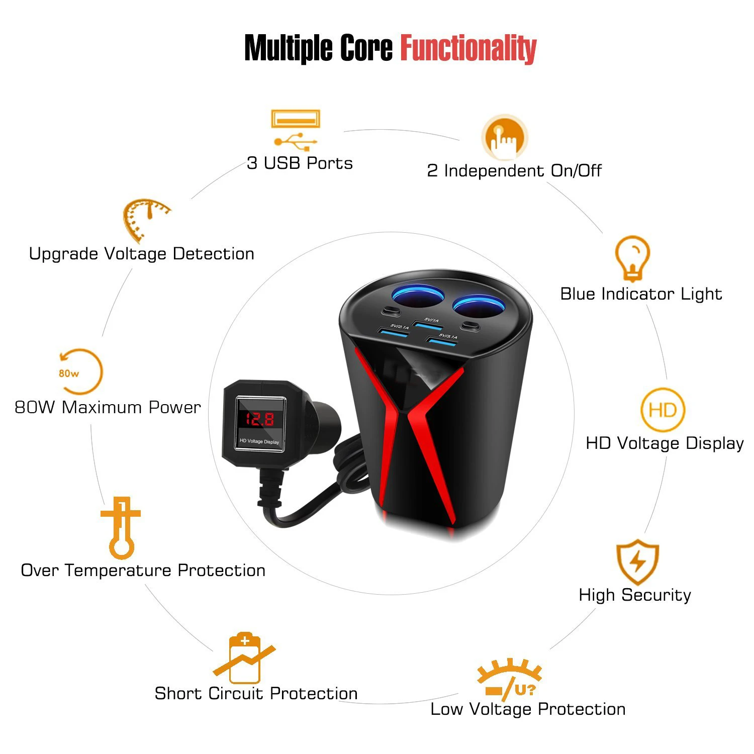 Автомобильное зарядное устройство адаптер питания 3 порта USB 3.1A 2 гнезда