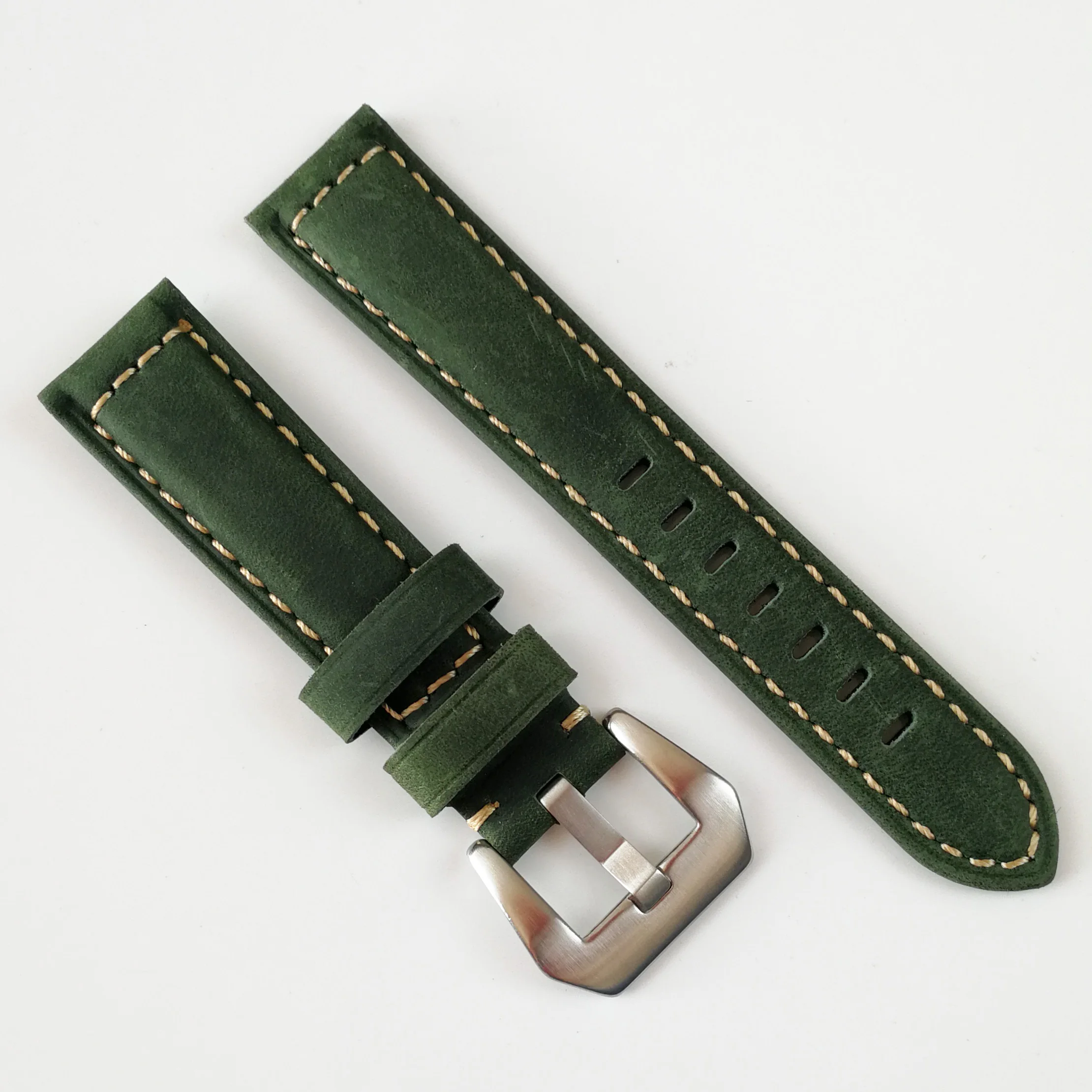 green Винтажные часы из натуральной кожи Crazy Horse, ремешок, серебристый, черный, застежка, 20 мм, 22 мм, 24 мм, 26 мм, ремешок для часов, подарок - Цвет ремешка: green