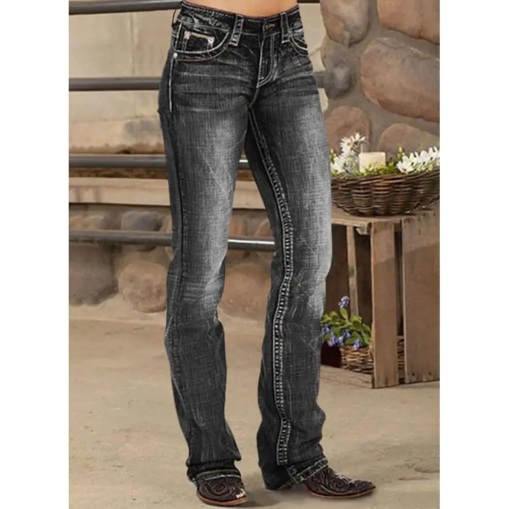 

Casual Loose Buttons Zipper Pockets Mid Waist Polyester Jeans Pants
