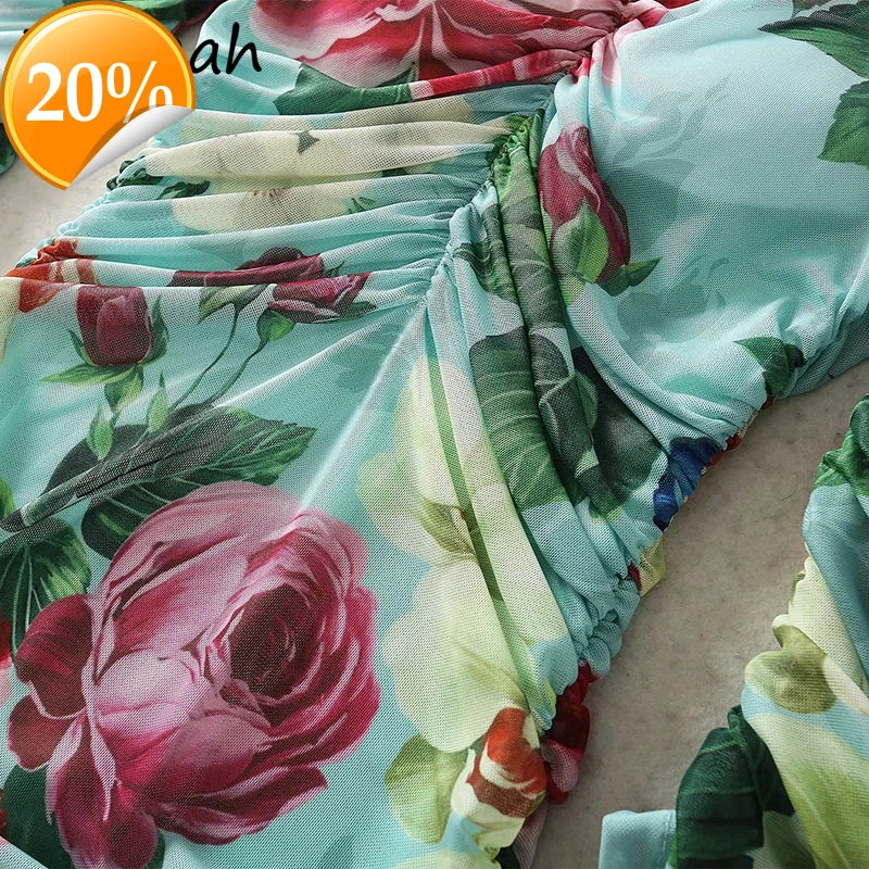 

Spring Women Fashion Runway Mesh Dress Long arm Floral Printed Elegant Bodycon Fit Women Midi Dresses Vestidos 2021