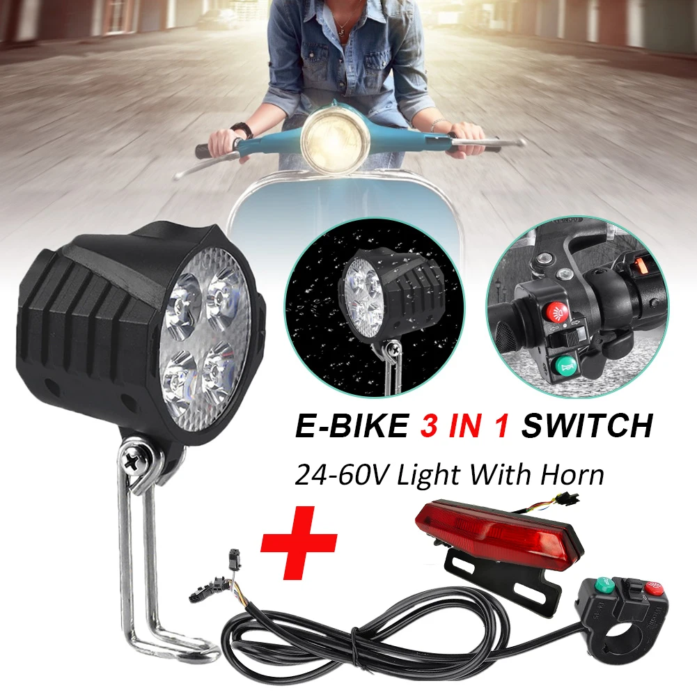

Electric Bike Headlight and Tail Light Sets E-Bike Bicycle 24/36/48V/60V Front Rear Warning Lights LED Night Headlight with Horn