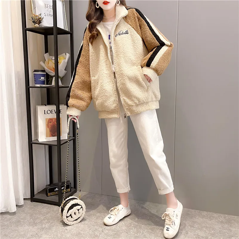 

2020 Winter New Arrival Multi-pockets Thick Lamb Plush Big Size Zipper Berber Mixed Colors Soft Warm Hoodie Women Jacket