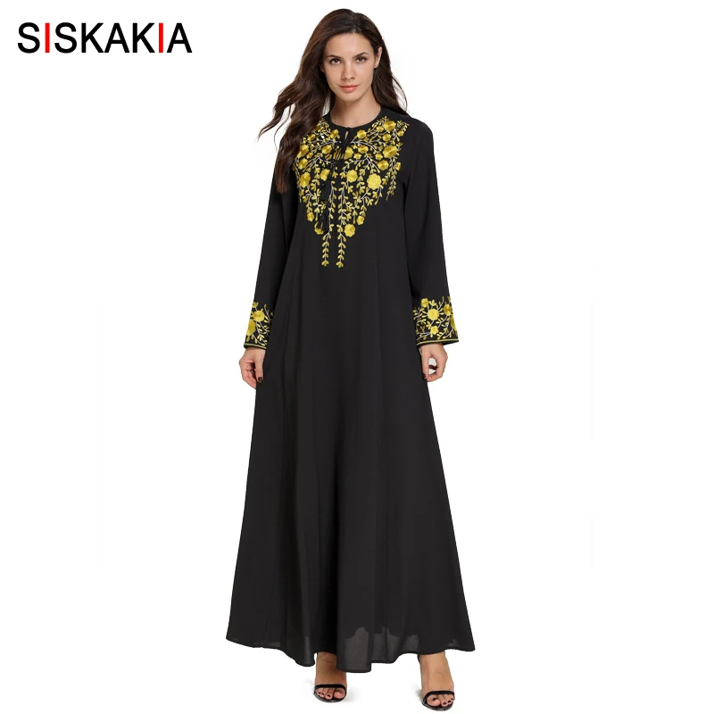 Женское платье в арабском стиле Siskakia длинное черное с цветочной вышивкой и