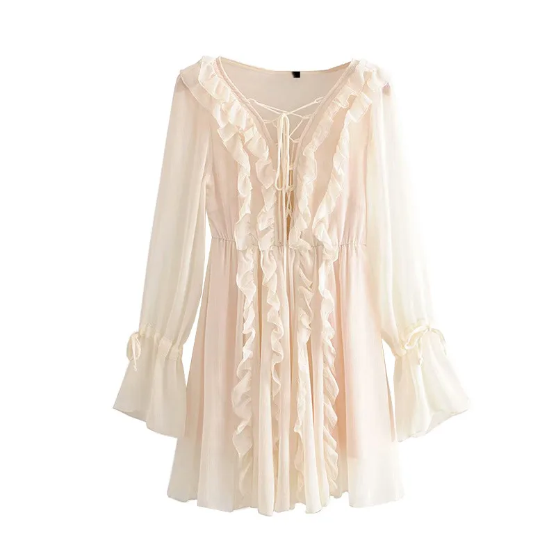 

Женское мини-платье с оборками, винтажное пляжное платье с V-образным вырезом и длинным рукавом