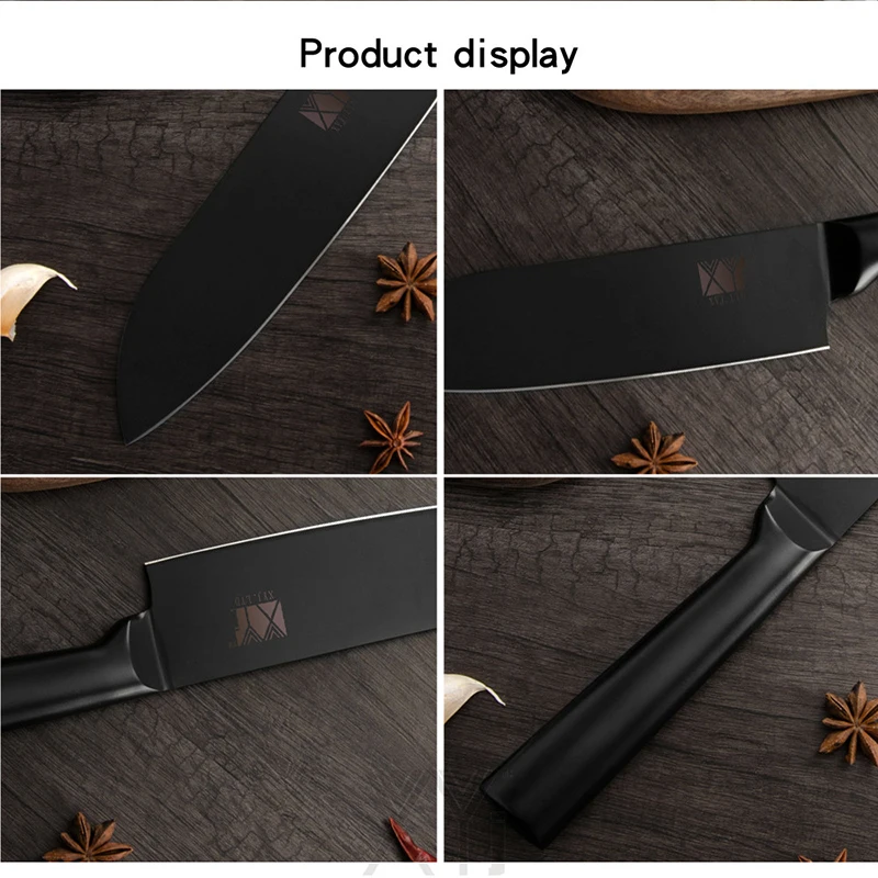 XYJ Kitchen Knife Set Japanese 7&quot Santoku 5&quot Utility 6.5&quot Chef Chopping Knives Holder Stainless Steel Black Blade Cooking Tools | Дом