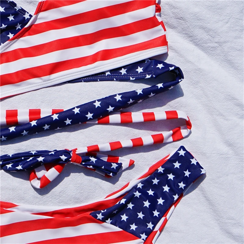 

National Flag Print Bikini Swimsuit Cross Bandage Plus Size Swimwear Bow Halter Biquini Top Wrap Bathing Suit Women Summer Swim