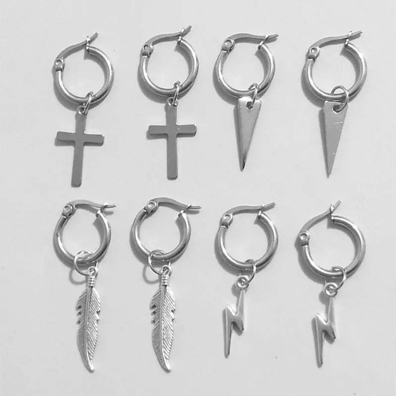 

8 Pcs/set Simple Personality Triangle Cross Short Earrings Fashion Wild Titanium Steel Men Women Earring E56A