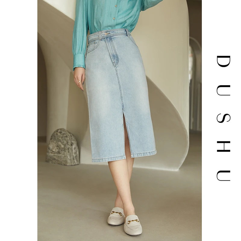 

Юбка-трапеция DUSHU женская джинсовая с разрезом, Длинная Элегантная синяя юбка из денима с завышенной талией, размера плюс, на весну-лето, 2021