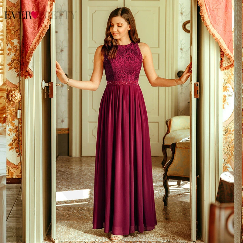 Длинные вечерние платья 2020 Ever Pretty элегантное Плиссированное шифоновое кружевное