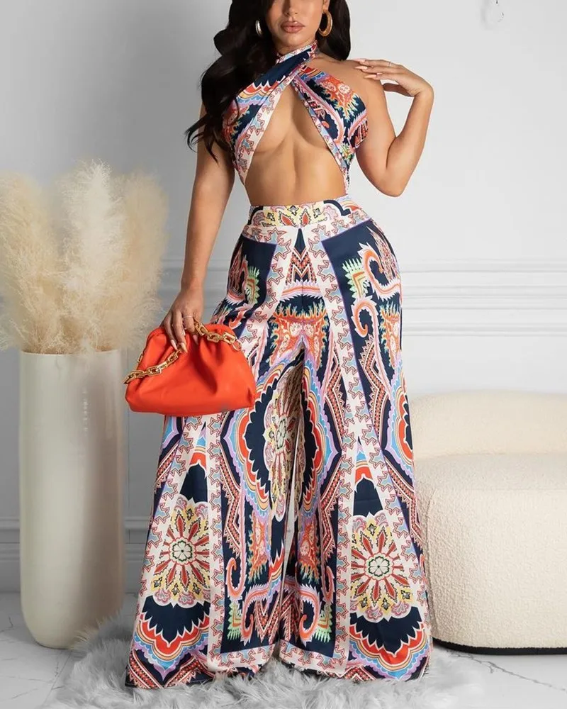 

Women's Printed Pants Suit 2021 Summer New Fashion Printed Two-piece Cross Top and Pants Set Casual Female Suits