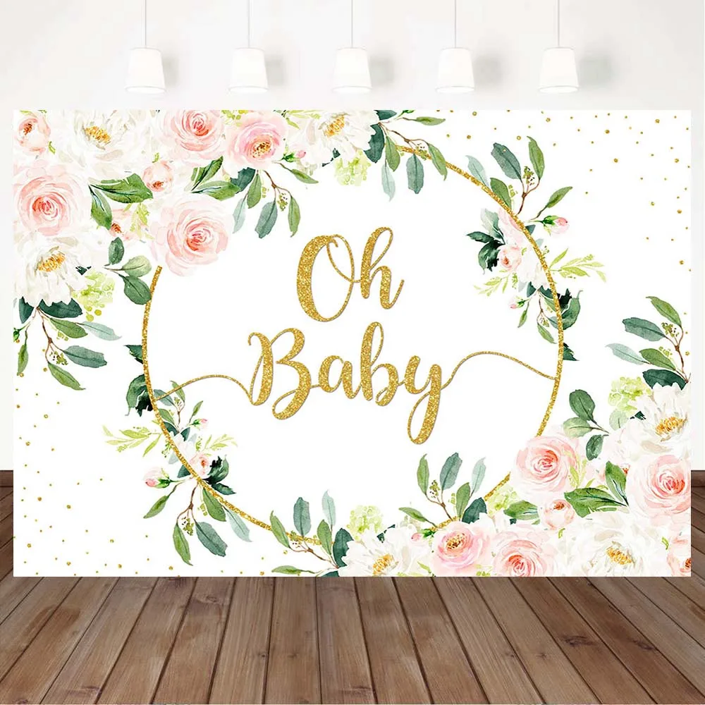 

Flowers Baby Shower Birthday Backdrop Oh Baby Gold Ring Newborn Photography Background Photo Studio Photocall Props Decor Banner
