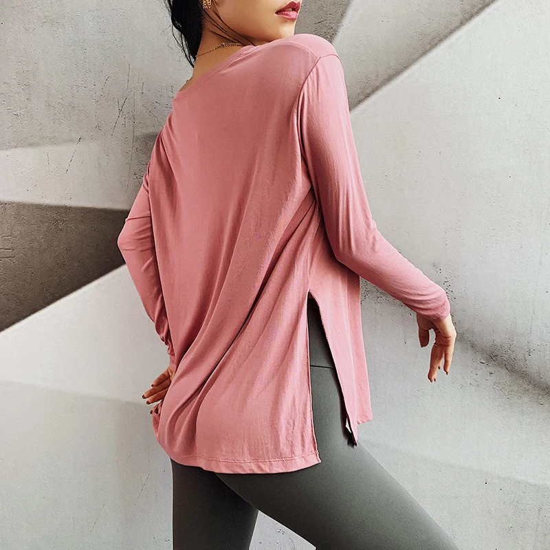 

Loose Breathable Yoga Shirt Women Side Split Sports Blouse Quick Dry Fitness Running Workout Gym Tops Long Sleeves Stretch