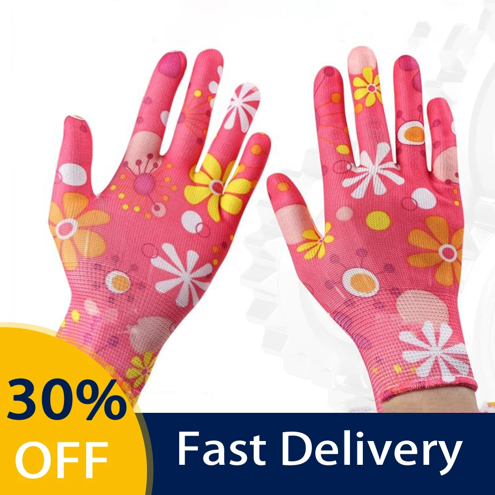 

2 Pairs Women Gloves Work Printed Nylon Pink Coating Work Safety Gloves Garden Glove For Work Protective